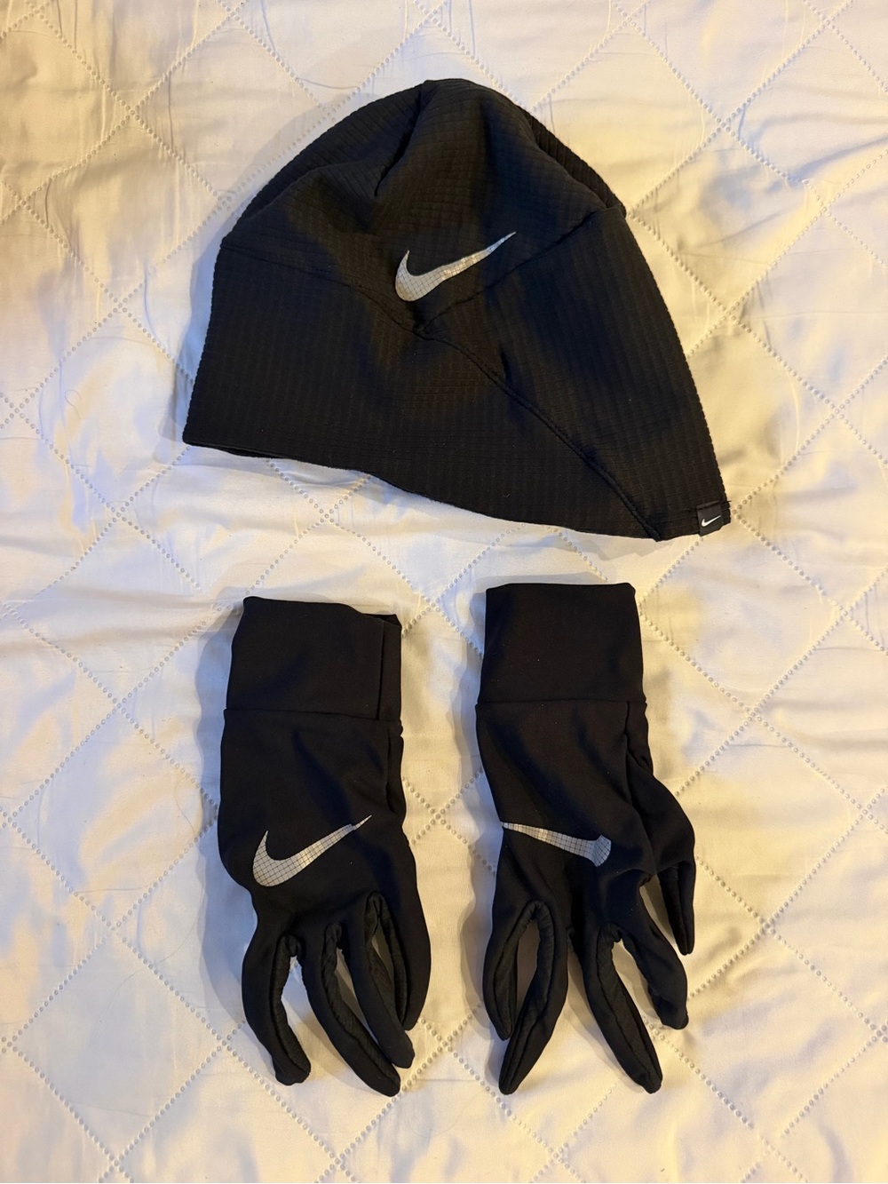 Nike Black Reflective Swoosh Beanie and Glove Set